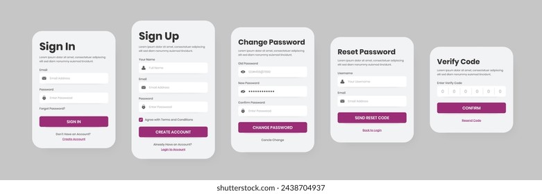 User form login, registration, change password, reset and verify code interface elements design