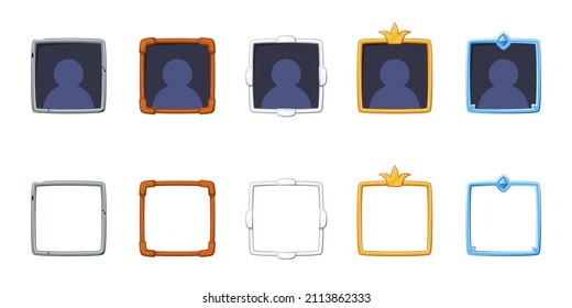 User frame icons set. Isolated vector illustration of mobile game sprites. Design for stickers, logo, mobile app. Arcade or match 3 2d graphics game asset. Flat 
border sprites sheet.