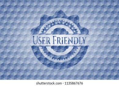 User Friendly blue badge with geometric background.