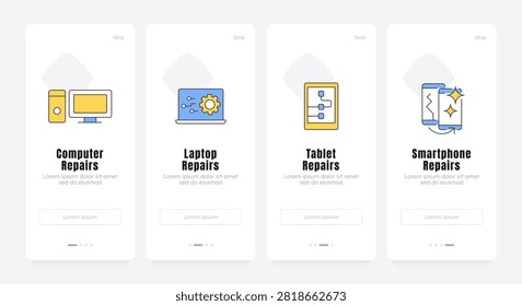 User friendly device maintenance onboarding screens. Modern tech repair and product walkthrough. UX UI walkthrough 4 steps. Flat design with icons. Modern mobile app introduction flow