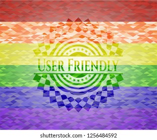 User Friendly emblem on mosaic background with the colors of the LGBT flag