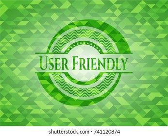 User Friendly green emblem. Mosaic background