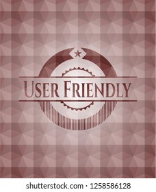 User Friendly red seamless emblem with geometric pattern background.