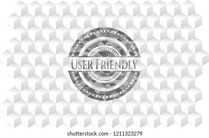 User Friendly retro style grey emblem with geometric cube white background