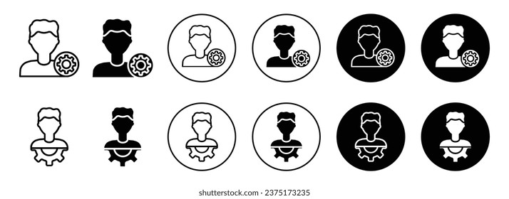 Icono de usuario y engranaje. Conjunto de símbolos de servicio de administración del personal de apoyo a los empleados. Signo vectorial de la integración de personas o de la configuración del cliente. El volante con el usuario y la marcha muestra el icono del proceso de desarrollo