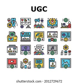 Iconos De Colección De Contenido Generados Por El Usuario Establecer Vector. Vídeo Y Audio, Imágenes Y Texto Generados Por El Usuario, Configuración De Ugc Y Pictogramas Lineales De Concepto De Desarrollo. Ilustraciones de color de contorno