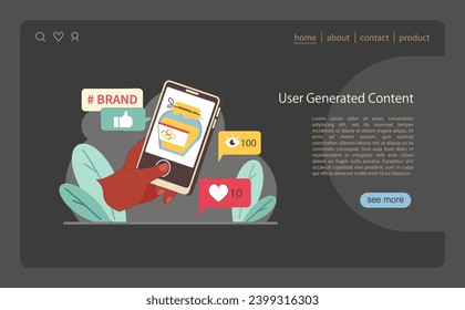 User Generated Content concept. Showcasing brand engagement through social media interactions and consumer content creation. Flat vector illustration.