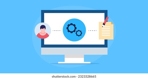 User generated content. User creating content for social media, SEO, Content creator publishing content on web - vector illustration background with icons