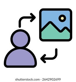 Ilustração em estilo de linha plana do ícone de conteúdo gerado pelo usuário representando a mídia criada pelos usuários, adequada para plataformas sociais, marketing e projetos relacionados à comunidade on-line