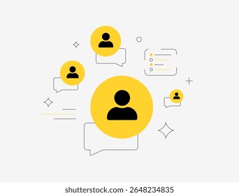 User generated content and social interaction with customer profiles, feedback bubbles and online comments. Modern flat interface for UGC platforms and user engagement tools vector illustration