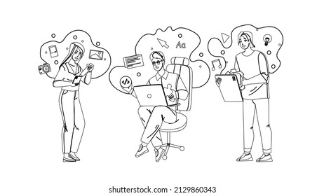 User Generated Content Ugc Workers Business Black Line Pencil Drawing Vector. Man And Woman Advertising Organization Of Site And Web Management Application Ugc Professional Occupation. Characters