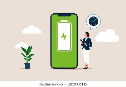 User girl, battery performance and long life battery. Energy power source maintenance. Battery charge. Flat vector illustration. 