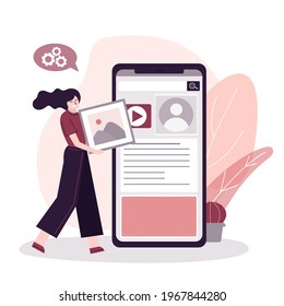 User girl holding picture and change personal smartphone settings. Female character adjusts profile in mobile phone. Customization app settings. Website User interface. Flat vector illustration