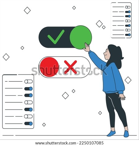 User girl moves sliders of settings. Smartphone system adjust, control panel. Cell phone and woman in trendy blue style. Mobile User interface. Change gadget settings. Flat vector illustration