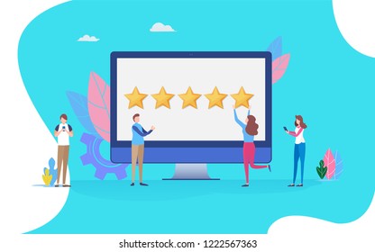 User giving five star rating. feedback review scroll. People vector illustration. Flat cartoon character graphic design. Landing page template,banner,flyer,poster,web page