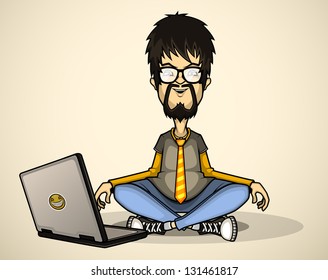User in gray shirt and glasses with a laptop meditates