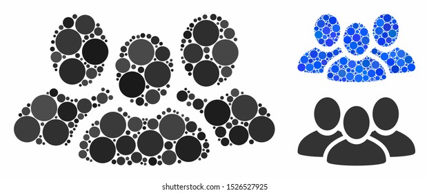 User group composition for user group icon of filled circles in variable sizes and shades. Vector random circles are organized into blue composition. Dotted user group icon in usual and blue versions.