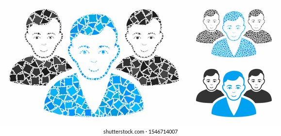User group composition of rough parts in various sizes and shades, based on user group icon. Vector trembly parts are combined into composition. User group icons collage with dotted pattern.