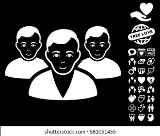 User Group icon with bonus passion clip art. Vector illustration style is flat iconic white symbols on black background.
