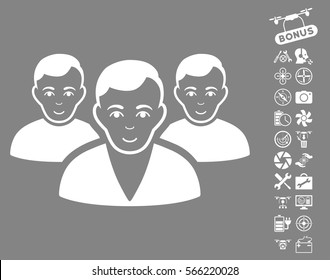 User Group icon with bonus quadrocopter service pictograph collection. Vector illustration style is flat iconic white symbols on gray background.
