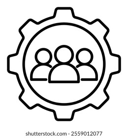 A user group icon encircled by a gear symbol, representing user management, employee management, and customer management, round line vector icon with editable stroke