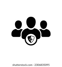 User group icon. Management Business Team Leader Sign. Social Media, Teamwork concept. Medical health cross protection shield concept. Safety badge icon. Privacy banner. Security label. Defense tag