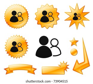 Icono de grupo de usuarios en carteles de ráfaga naranja y medallas Ilustración vectorial original