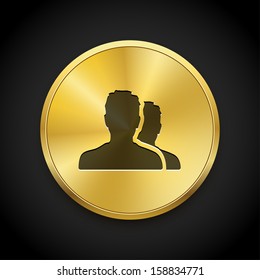 User group icon on round gold button. Black vector background.