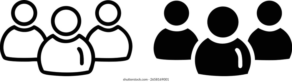 Conjunto de iconos de grupos de usuarios: símbolos de Personas en blanco y negro para el diseño de la interfaz de la comunidad, la red y el Web