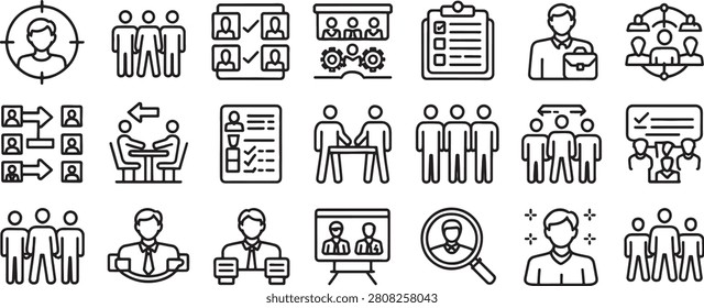 User Group Icons Set with Meeting, Communication, Search and Administration Symbols in Minimalist Vector Line Style