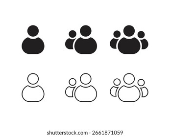 Iconos de grupo de usuarios en varios estilos, incluido el contorno y el negro sólido, adecuados para Web, App y proyectos de diseño de UI UX. Vector de estilo minimalista y plano