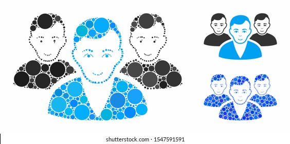 User group mosaic of filled circles in different sizes and color tones, based on user group icon. Vector small circles are grouped into blue mosaic. Dotted user group icon in usual and blue versions.