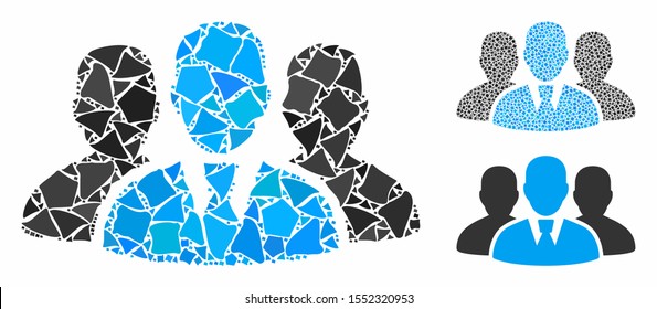 User group mosaic of inequal elements in variable sizes and color tints, based on user group icon. Vector irregular parts are united into collage. User group icons collage with dotted pattern.