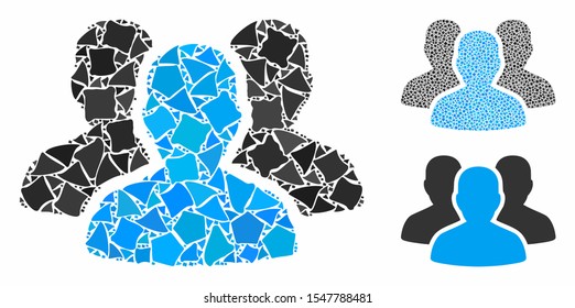 User group mosaic of ragged elements in variable sizes and color tones, based on user group icon. Vector rugged elements are combined into collage. User group icons collage with dotted pattern.