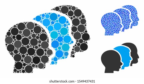 User group mosaic of small circles in various sizes and color tints, based on user group icon. Vector small circles are composed into blue mosaic. Dotted user group icon in usual and blue versions.