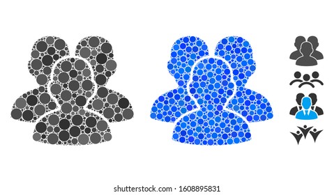 User group mosaic of spheric dots in different sizes and color tones, based on user group icon. Vector dots are composed into blue mosaic. Dotted user group icon in usual and blue versions.