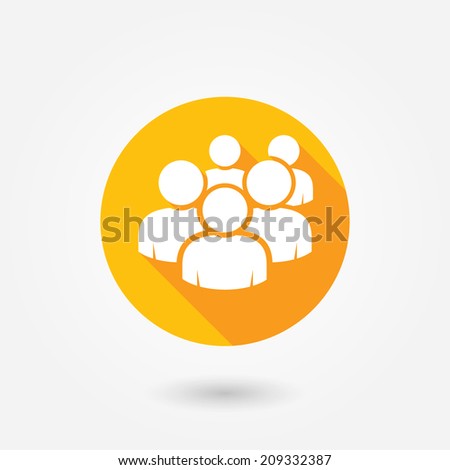 User group network icon. Flat icon with long shadow. Orange and white colors. Crowd of people icon isolated on white background. Computer user icon. Forum icon button. User friendly