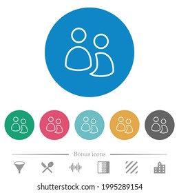 User group outline flat white icons on round color backgrounds. 6 bonus icons included.