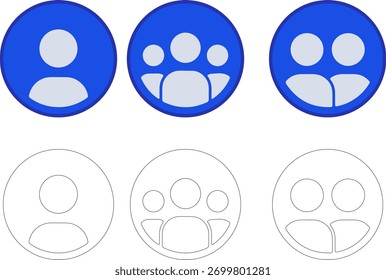 Conjunto de avatares de Personas de grupo de usuarios, iconos de vector de contorno plano, concepto de interfaz azul