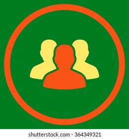 User Group vector icon. Style is bicolor flat circled symbol, orange and yellow colors, rounded angles, green background.