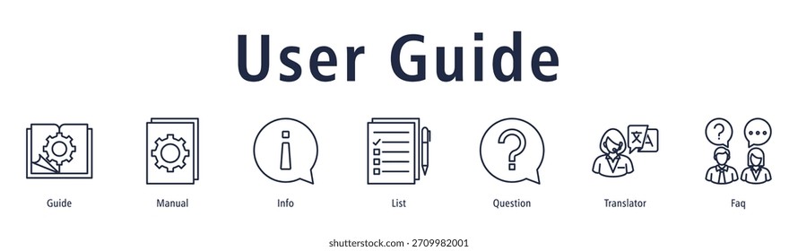 Anuncio con iconos de Guía, Manual, Información, Lista, Pregunta, Traductor y Preguntas Frecuentes.
