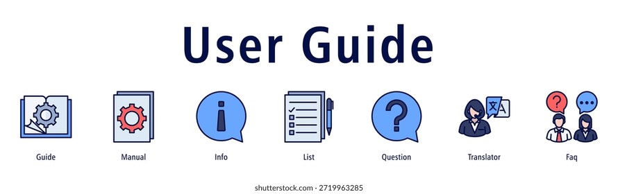 Banner do Guia do Usuário com ícones de Guia, Manual, Informações, Lista, Pergunta, Tradutor e Perguntas Frequentes.