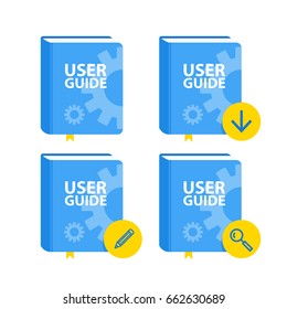 User Guide book download icon set. Flat vector illustration.