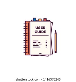 User Guide Book. Handbook With Cover And Text User Guide. Line Style Vector. Instructions And Guidance Manual Textbook. Tutorial Or Other Education Vector Flat Style Banner.