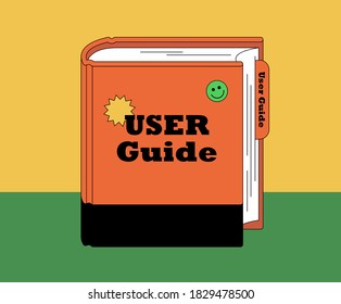 User Guide Book illustration set. mark, smile, label, note. Vector drawing. Hand drawn style.