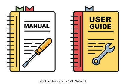 User guide book - manual or instructions icons, spiral book with tools