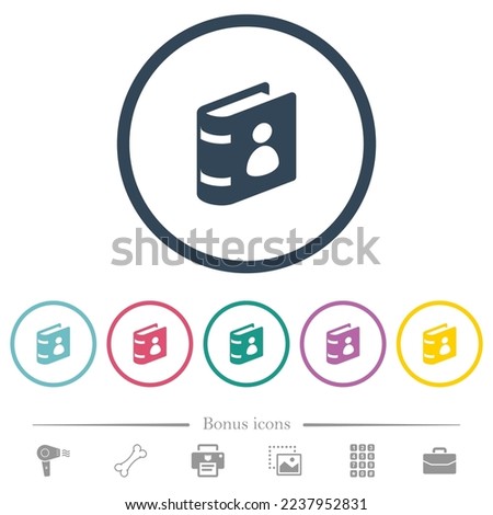 User guide books flat color icons in round outlines. 6 bonus icons included.