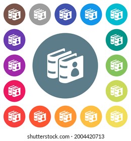 User guide books flat white icons on round color backgrounds. 17 background color variations are included.