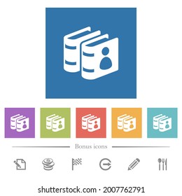 User guide books flat white icons in square backgrounds. 6 bonus icons included.