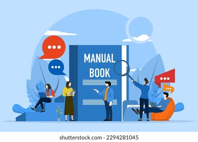 User guide concept. people with instruction guides or textbooks. Read guide and write user guide. Instruction manual, handbook help guide. Flat vector illustration.